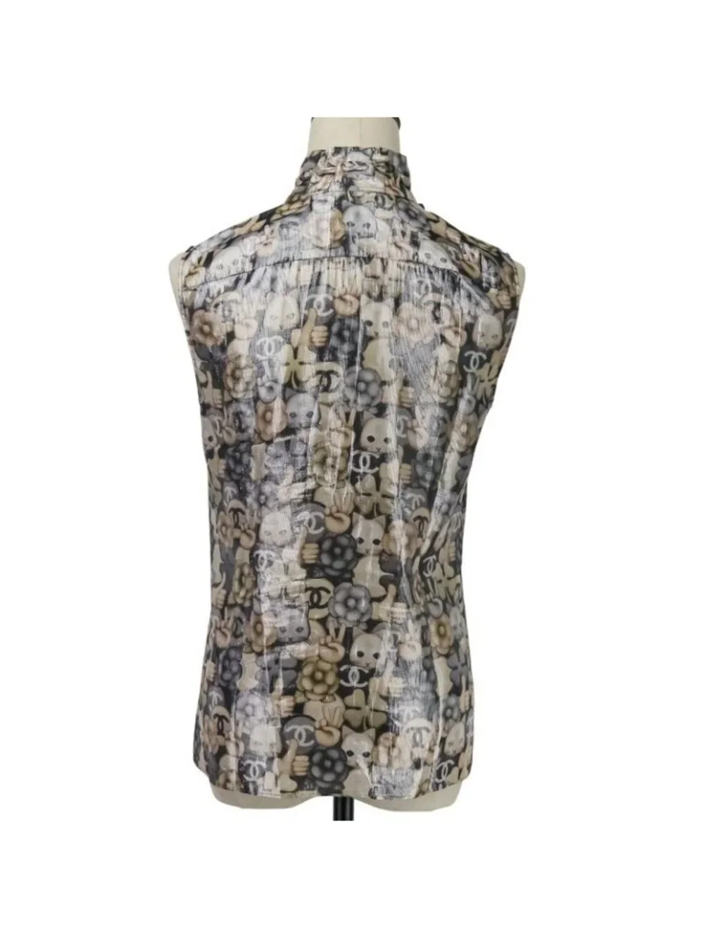 Chanel Choupette Coco Mark Print Sleeveless Silk Blouse with Ribbon Tie